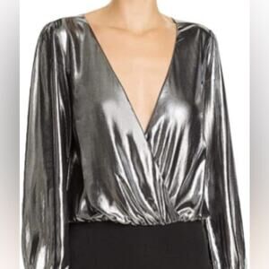 NWT Express Metallic Silver V-Neck Draped Stretchy Long Sleeved Soft Bodysuit L